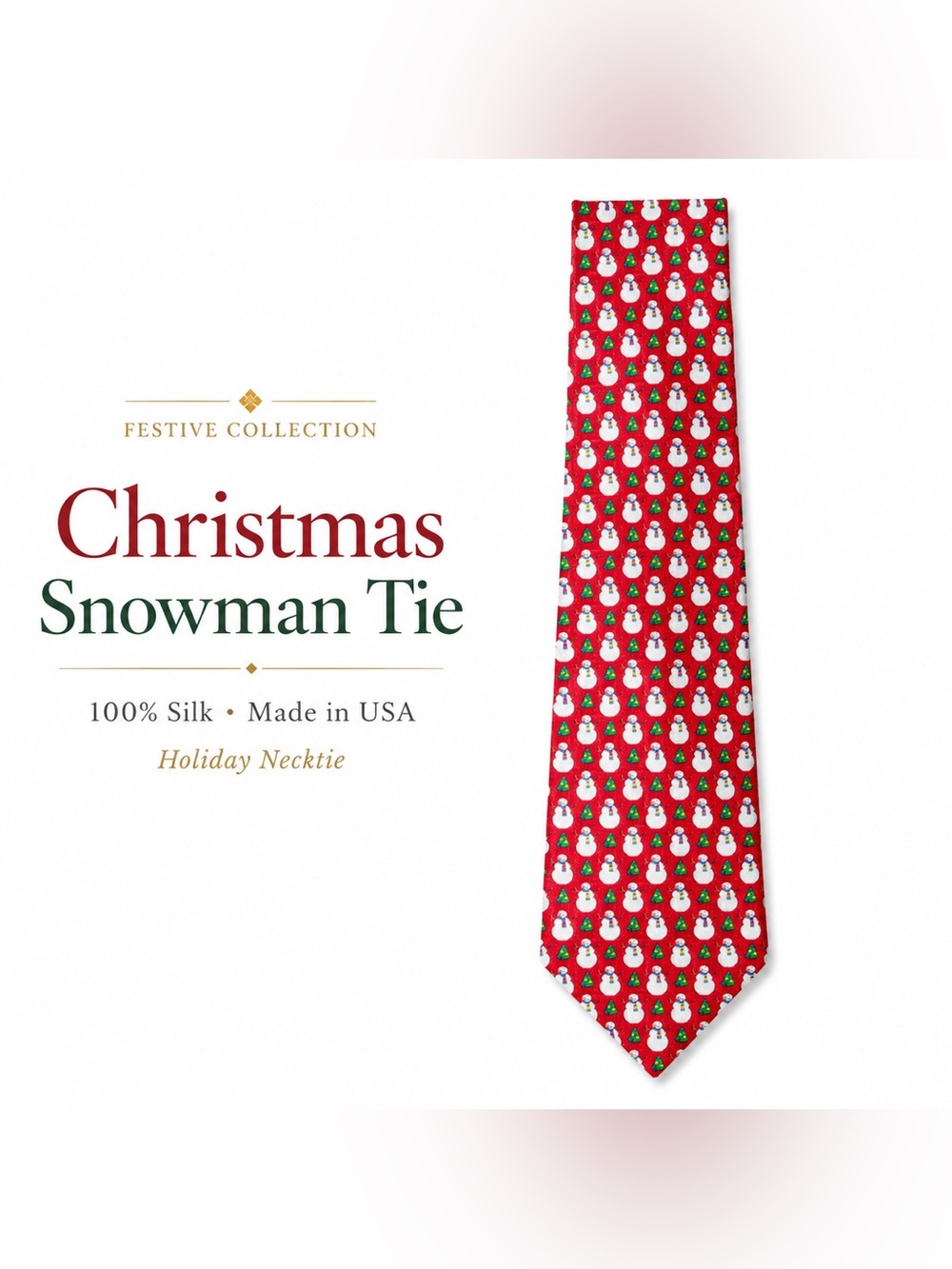 100% Silk Christmas Snowman Tree Necktie Red Holiday Tie Made in USA